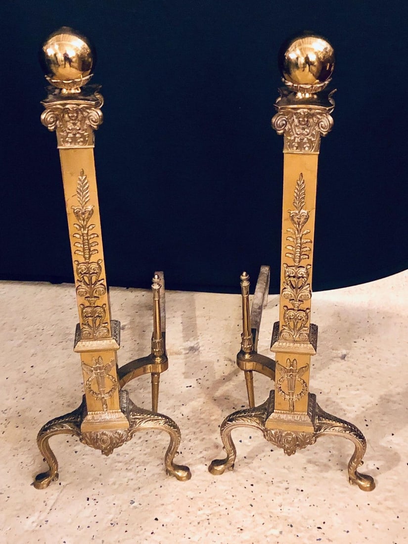 Fine Pair of Large and Impressive Louis XVI Style Brass and Irons - 3