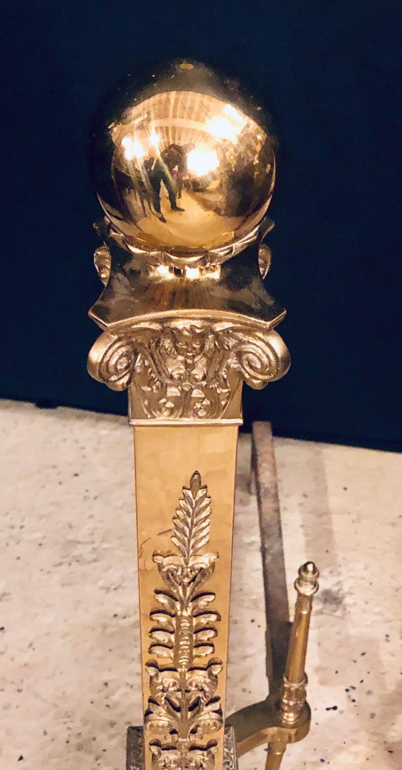 Fine Pair of Large and Impressive Louis XVI Style Brass and Irons - 7