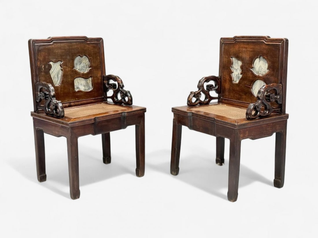 Qing Dynasty Style, Hardwood, Cane, Marble, Chinese Armchairs, China, 19th c. - 5