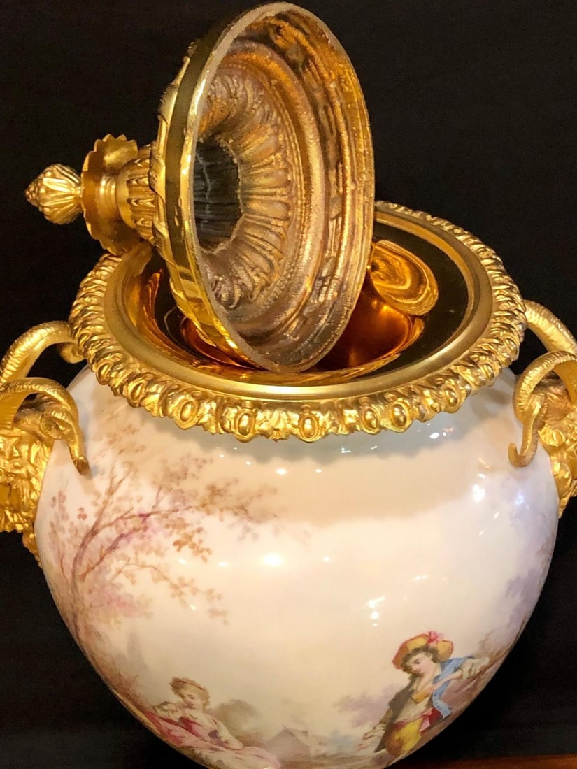 French Sevres Painted Rams Head Bronze Mounted Lidded Vase, Centerpiece or Urn - 5