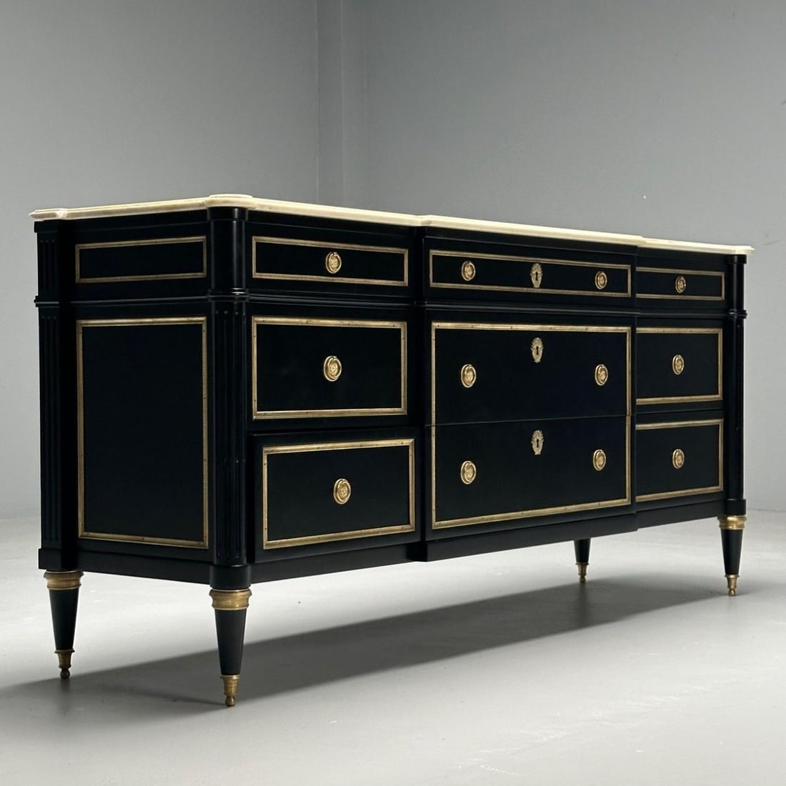 Maison Jansen, Hollywood Regency, Large Commode, Black Wood, Marble, 1940s - 4