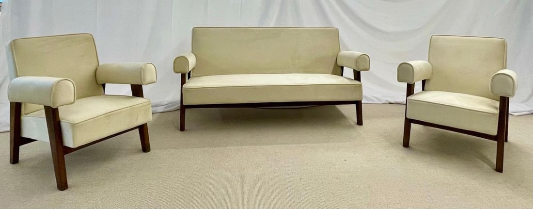 Authentic Pierre Jeanneret Upholstered Bridge Sofa/Chair Set, Mid-Century Modern - 3