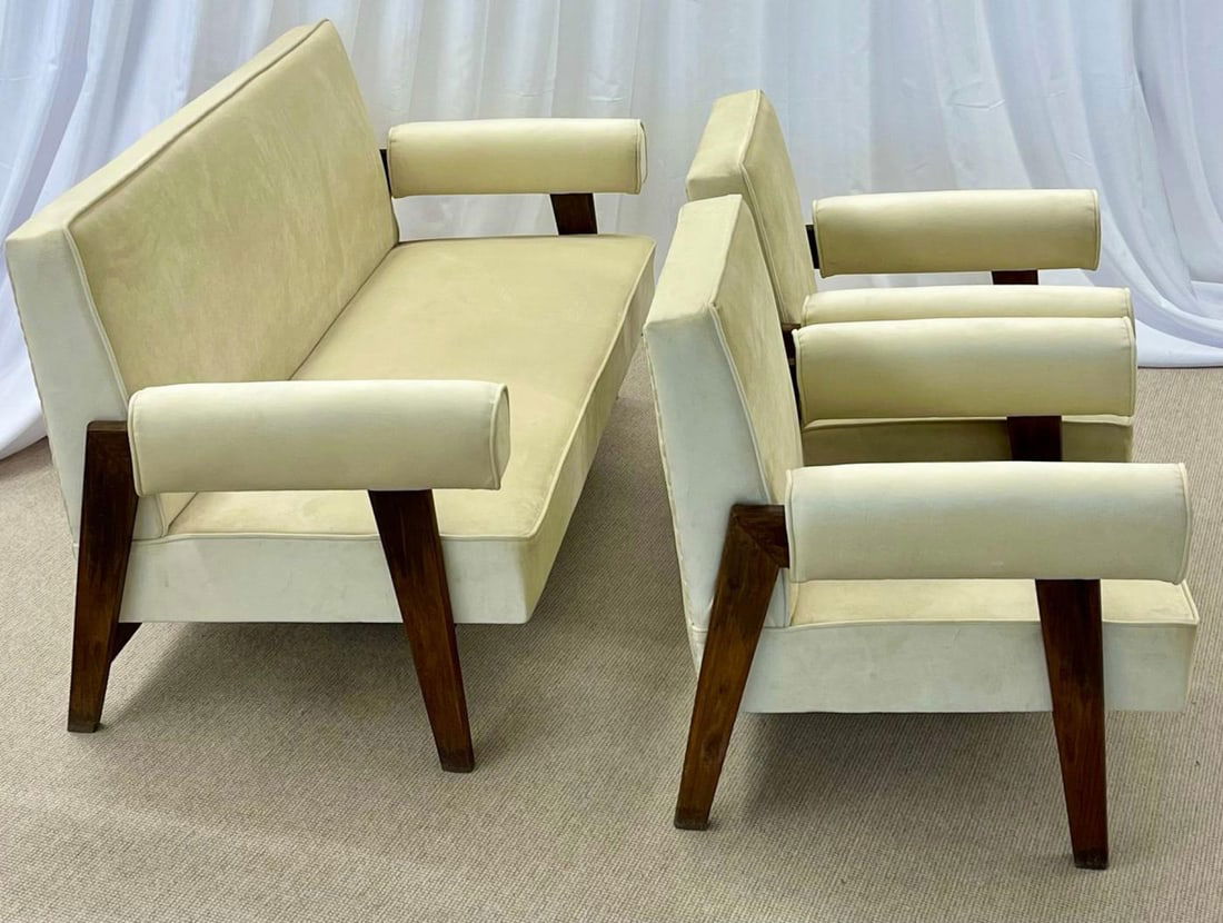 Authentic Pierre Jeanneret Upholstered Bridge Sofa/Chair Set, Mid-Century Modern - 9