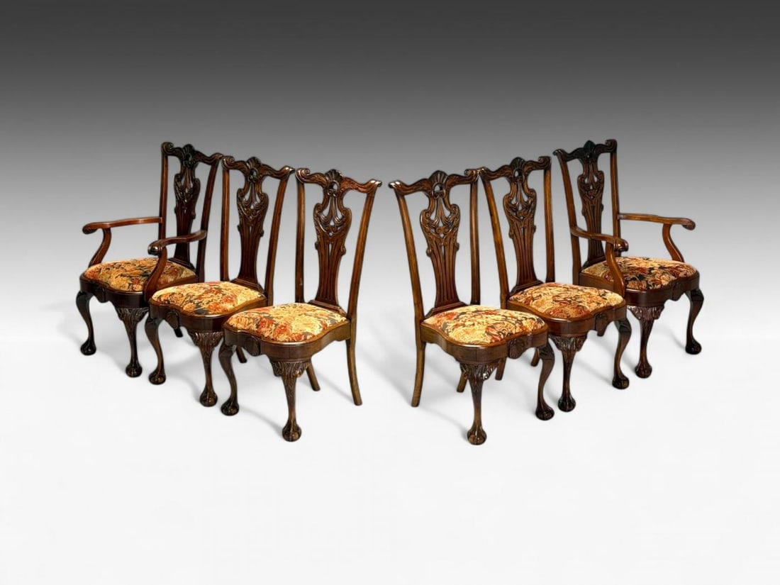 Georgian, Mahogany, Fabric, Six Chippendale Dining Chairs, England, 1960s - 3
