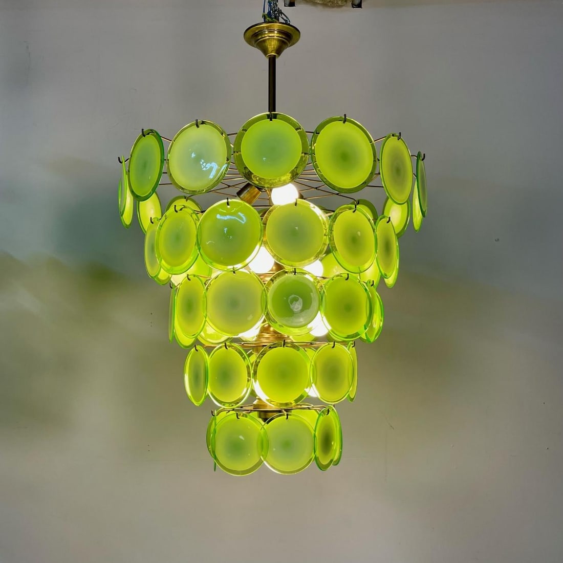 Pair of Murano Disc Mid-Century Modern Chandeliers, Antique Brass, New Wired - 11