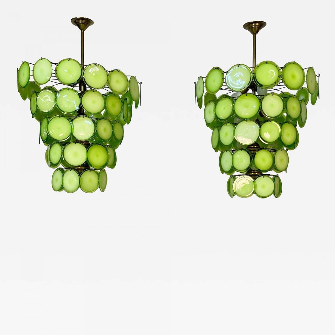 Pair of Murano Disc Mid-Century Modern Chandeliers, Antique Brass, New Wired - 2