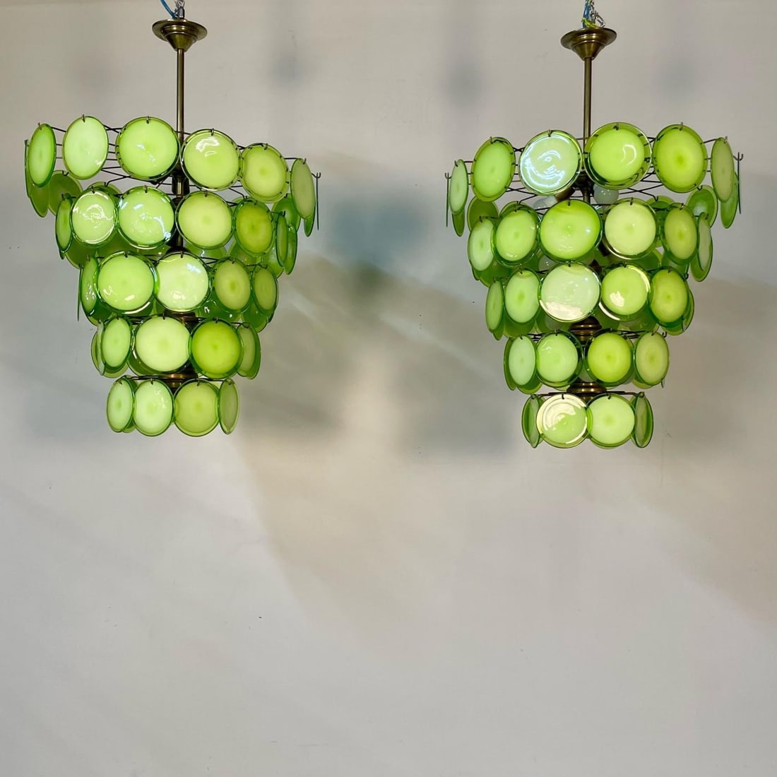 Pair of Murano Disc Mid-Century Modern Chandeliers, Antique Brass, New Wired - 5