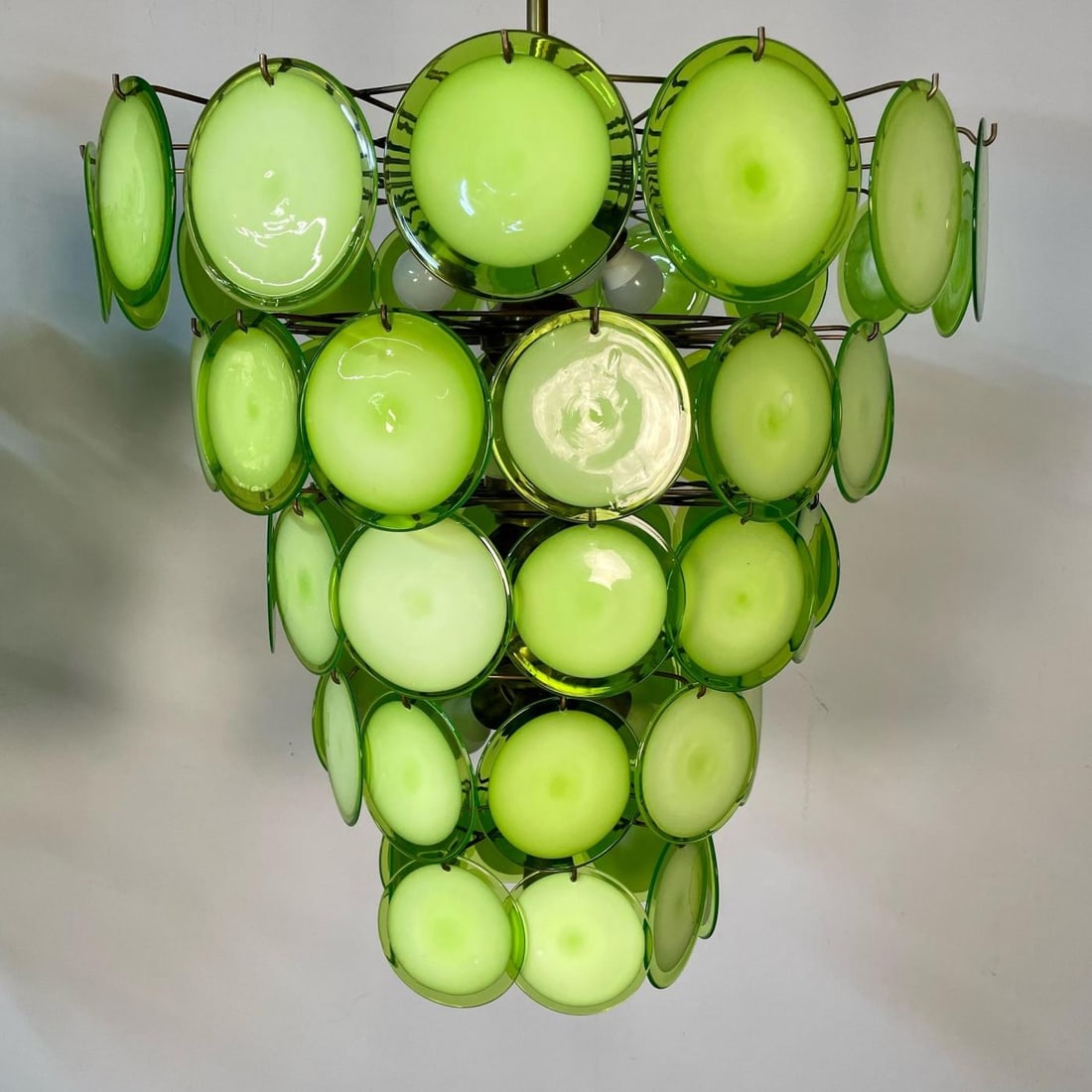 Pair of Murano Disc Mid-Century Modern Chandeliers, Antique Brass, New Wired - 6