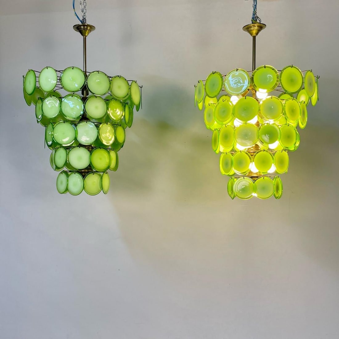 Pair of Murano Disc Mid-Century Modern Chandeliers, Antique Brass, New Wired - 8