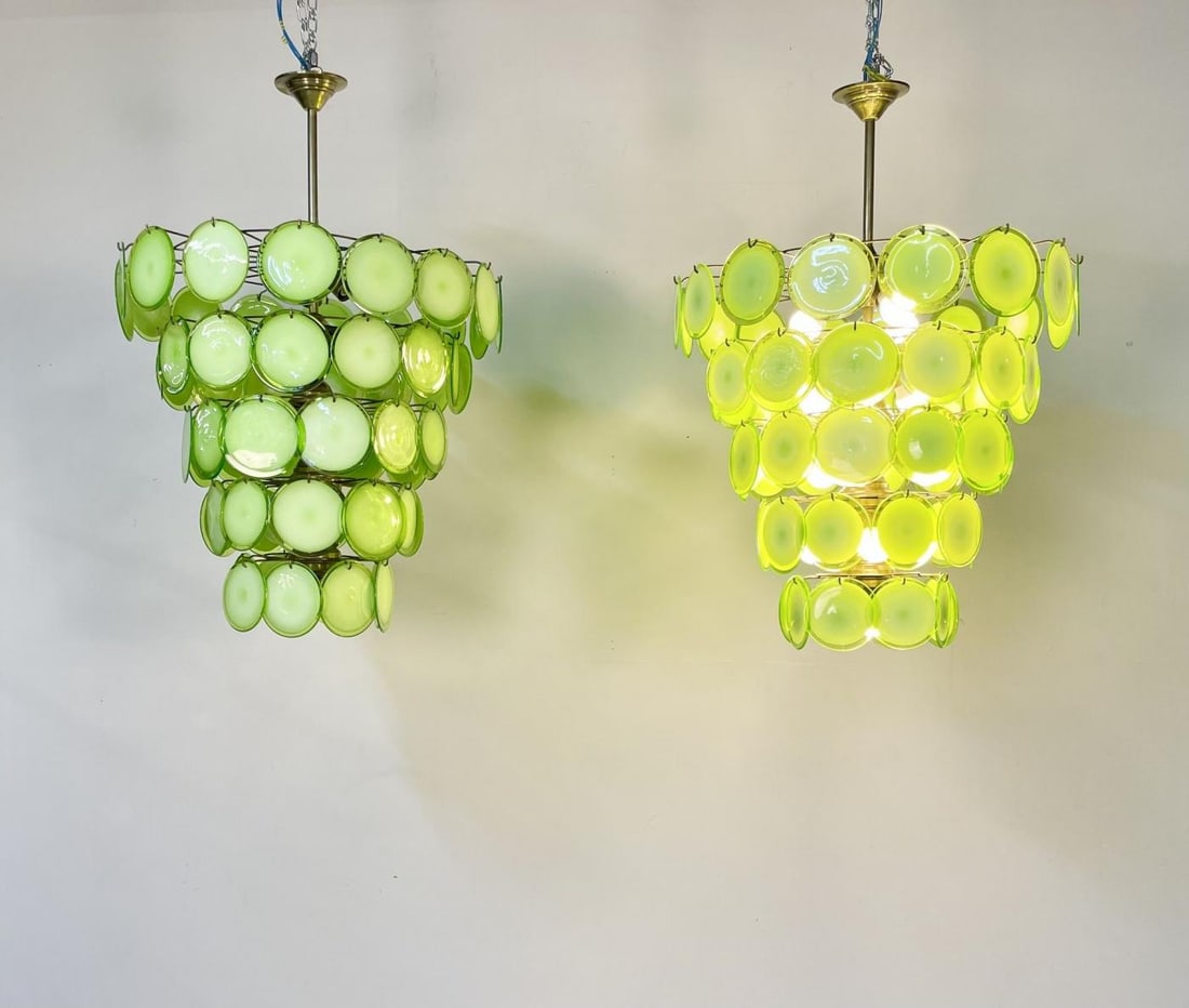 Pair of Murano Disc Mid-Century Modern Chandeliers, Antique Brass, New Wired - 9