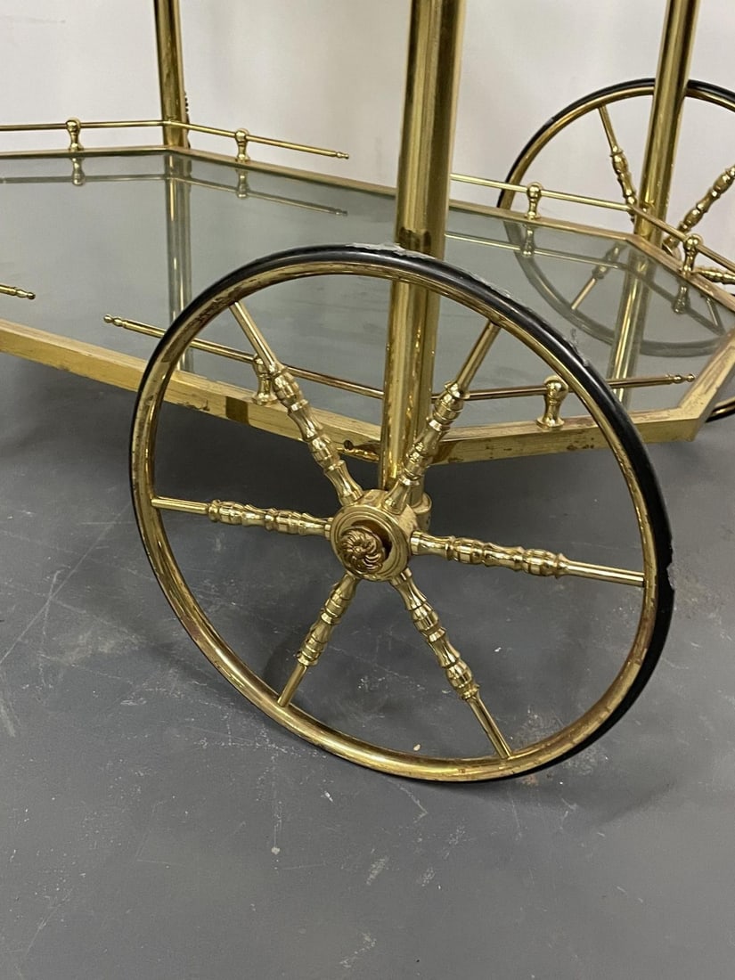 Hollywood Regency Beveled Glass, Bronze and Brass Tea Wagon or Serving Cart - 11