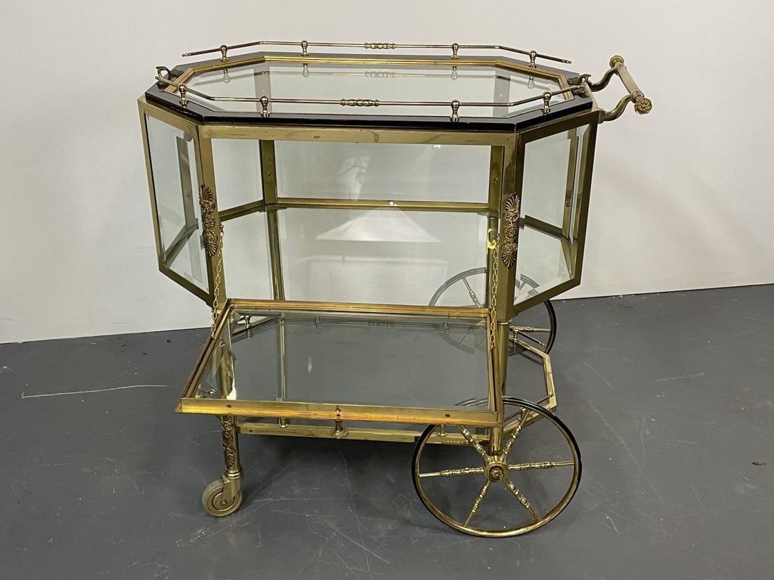 Hollywood Regency Beveled Glass, Bronze and Brass Tea Wagon or Serving Cart - 3