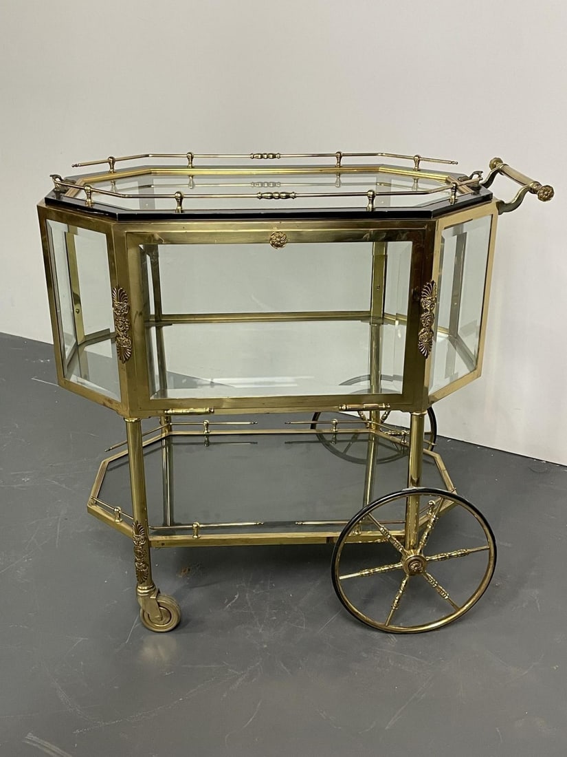 Hollywood Regency Beveled Glass, Bronze and Brass Tea Wagon or Serving Cart - 4