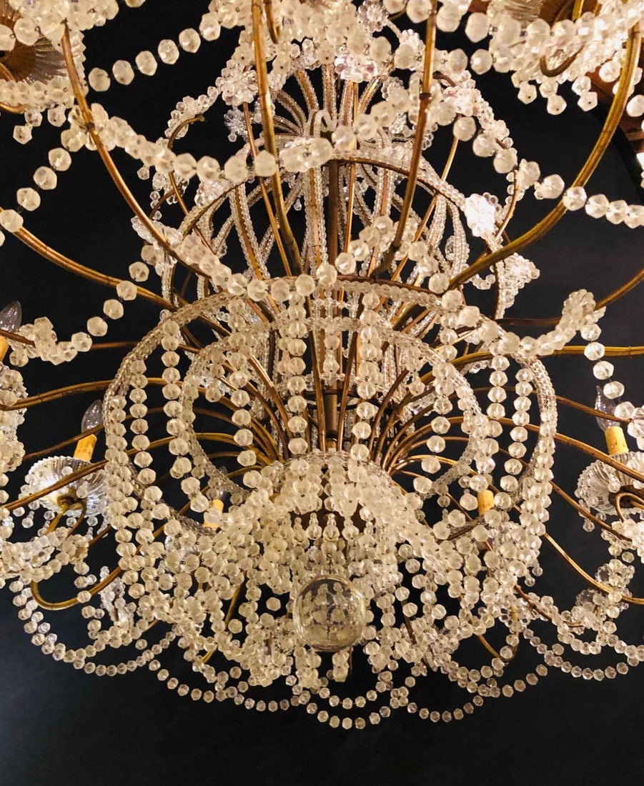 Beautiful Gilt Iron 12-Light Chandelier with Great Crystal and Bead Decoration - 10