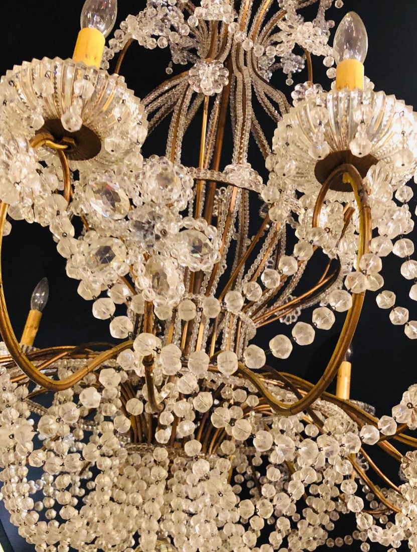 Beautiful Gilt Iron 12-Light Chandelier with Great Crystal and Bead Decoration - 11