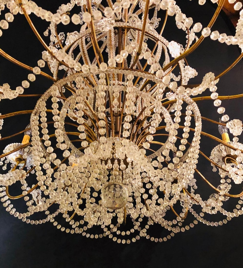 Beautiful Gilt Iron 12-Light Chandelier with Great Crystal and Bead Decoration - 9