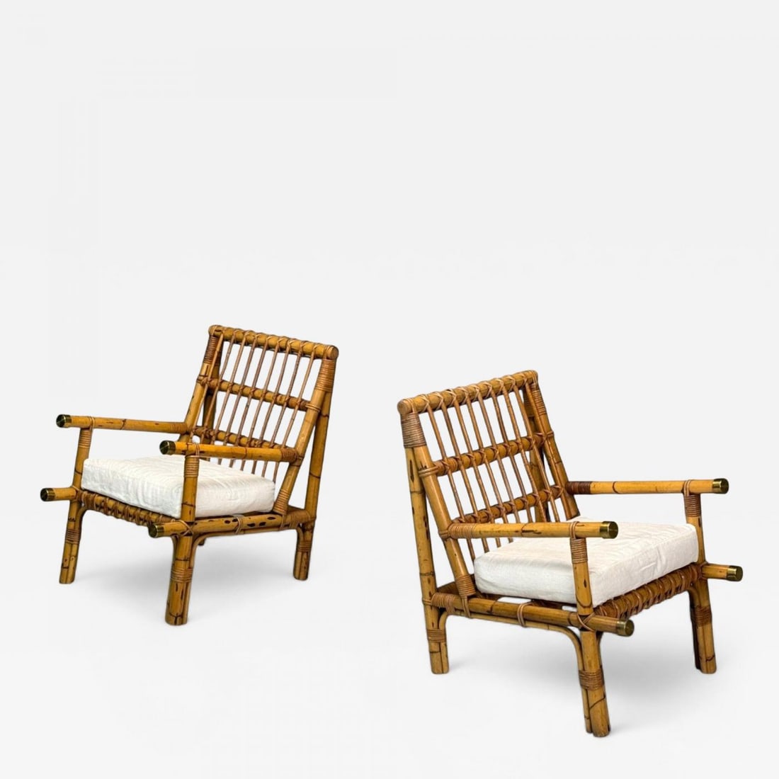 Vivai del Sud attr., Indian Cane, Wicker, Brass, Lounge Chairs, Italy, 1970s (1 of 10)