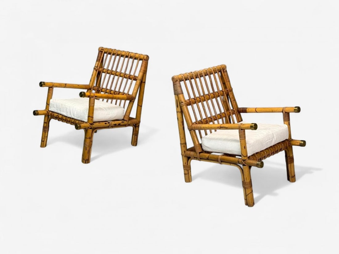 Vivai del Sud attr., Indian Cane, Wicker, Brass, Lounge Chairs, Italy, 1970s - 4