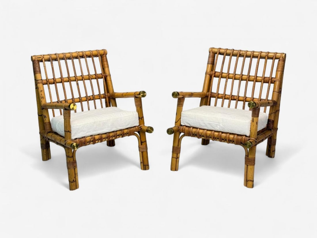 Vivai del Sud attr., Indian Cane, Wicker, Brass, Lounge Chairs, Italy, 1970s - 5