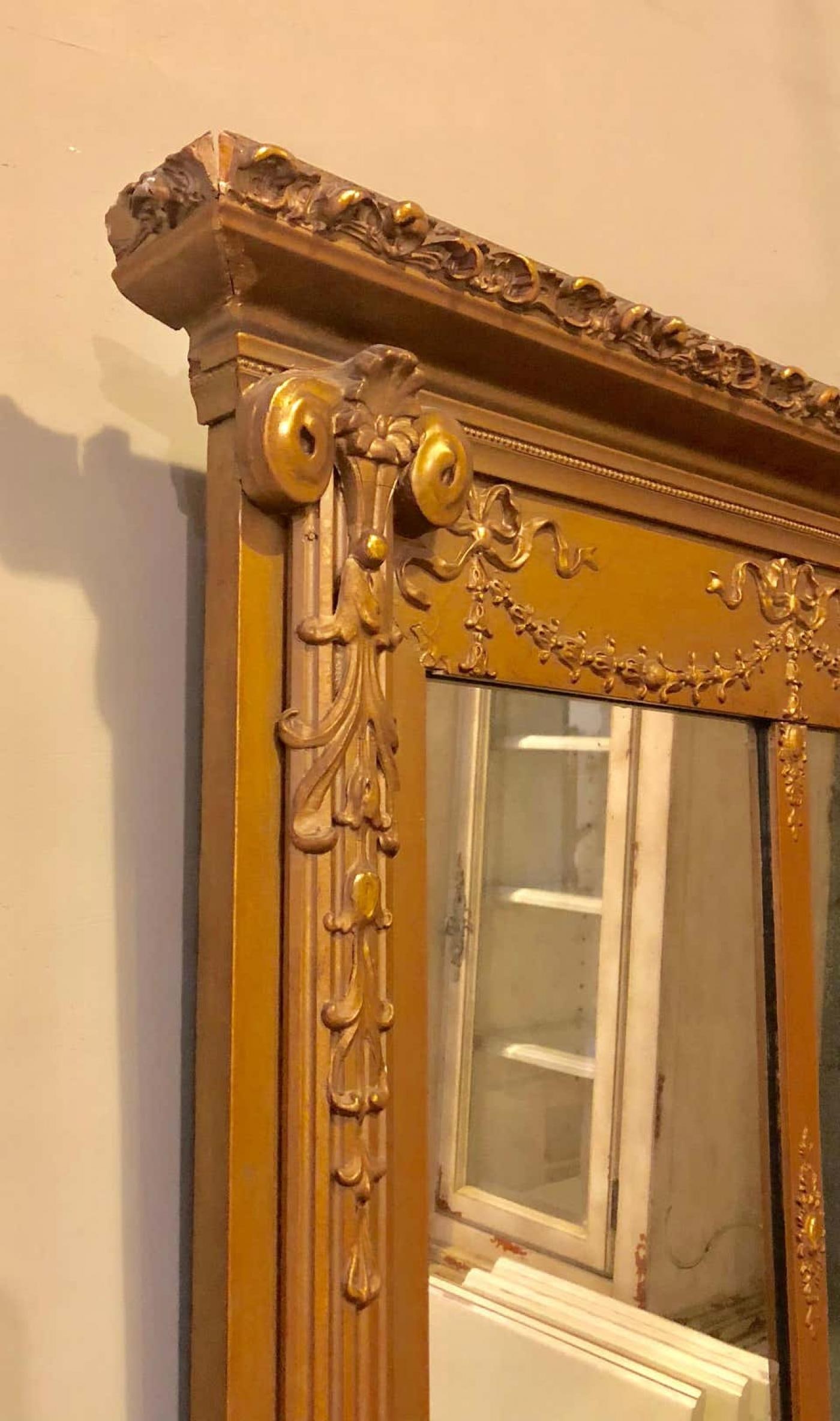 Antique Louis XVI Style Carved Gilt Wood over the Mantel or Console Mirror - 5