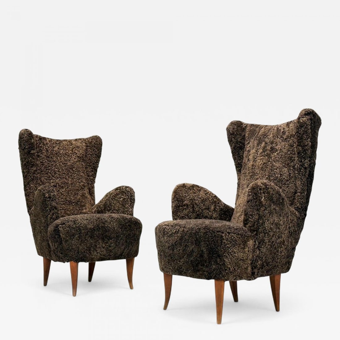 Italian Modern, Espresso Shearling, Walnut, Organic Lounge Chairs, Italy, 1950s (1 of 11)