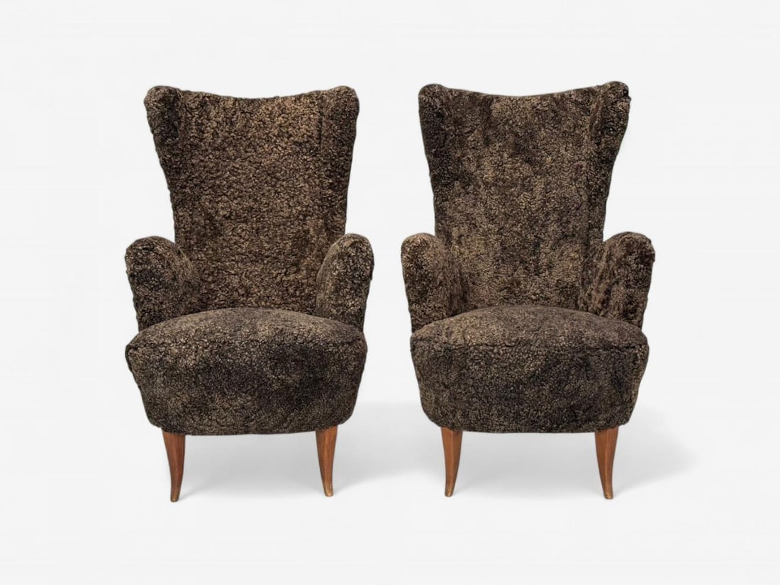 Italian Modern, Espresso Shearling, Walnut, Organic Lounge Chairs, Italy, 1950s - 4