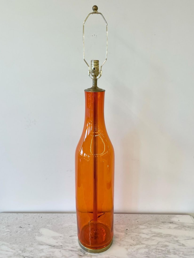 Single Mid-Century Large Orange Blown Glass Bottle Shape Table Lamp by Blenko - 4