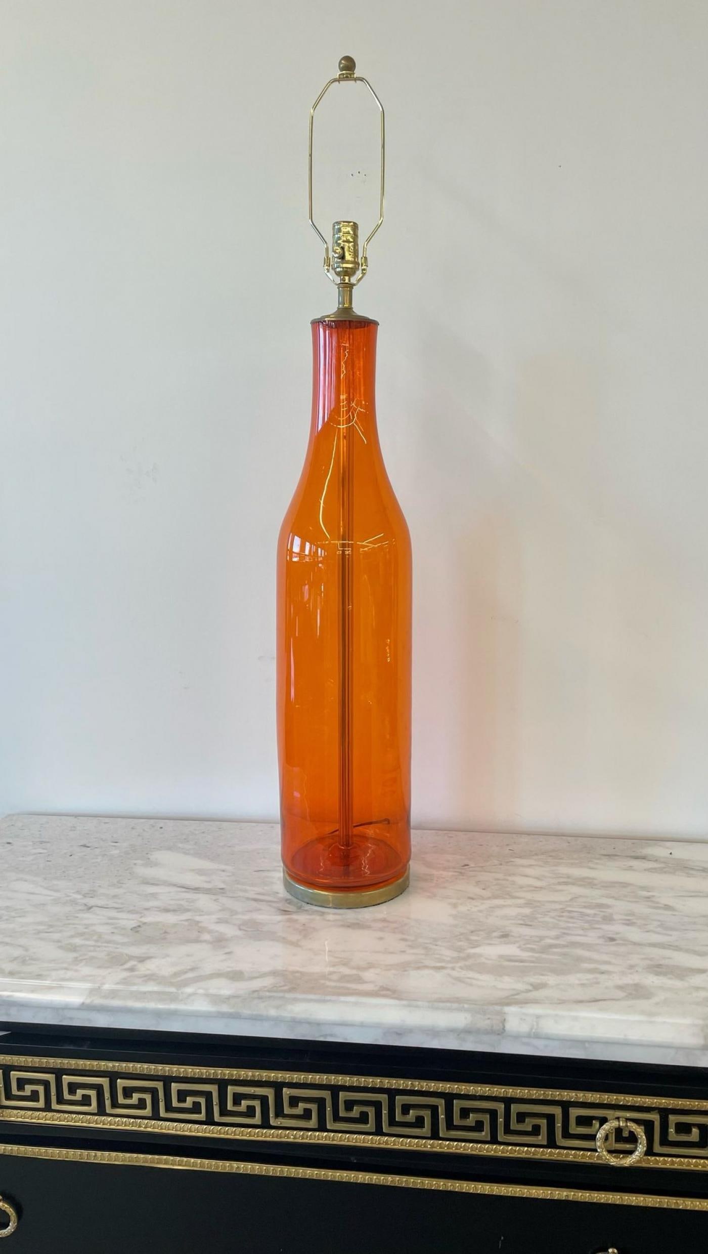 Single Mid-Century Large Orange Blown Glass Bottle Shape Table Lamp by Blenko - 5