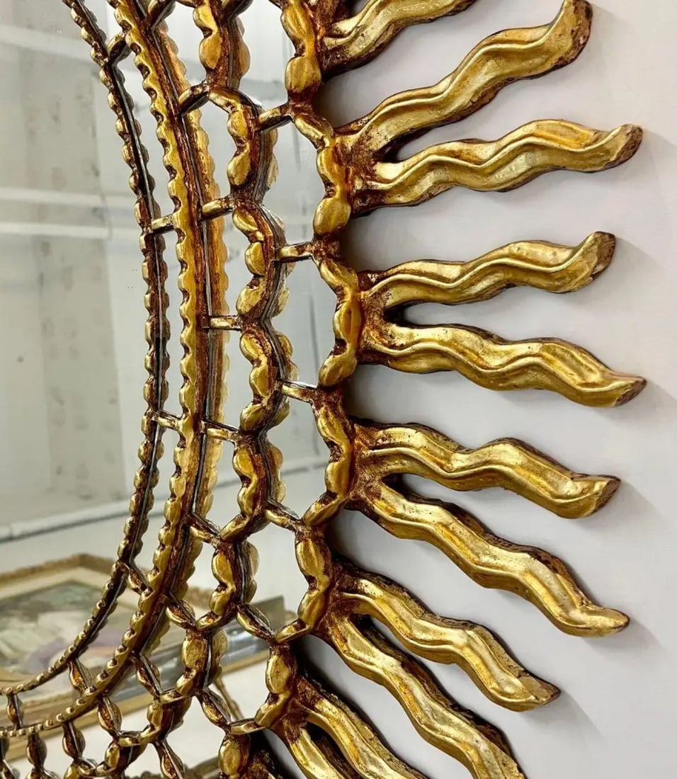Vintage Mid-Century Italian Gilt Gold Sunburst Wall Mirror, Over the Mantle - 5
