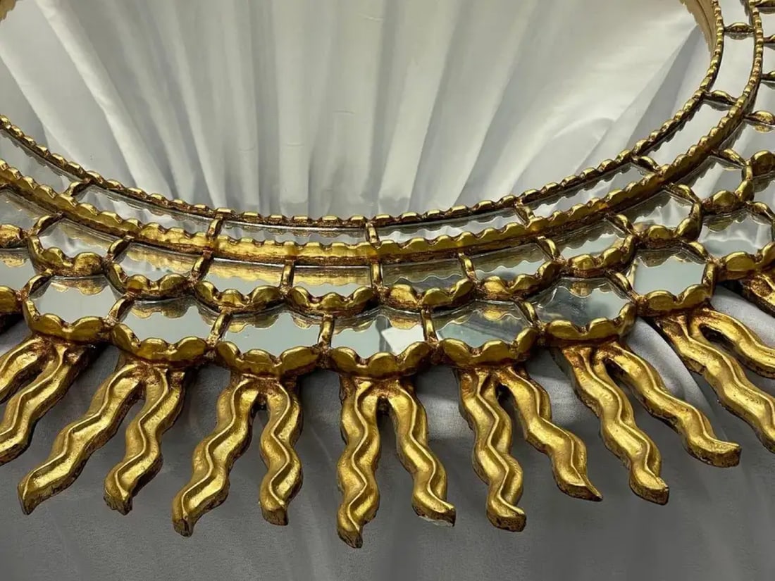 Vintage Mid-Century Italian Gilt Gold Sunburst Wall Mirror, Over the Mantle - 8