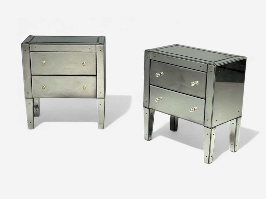 Hollywood Regency Style, Wood, Antique Beveled Glass, Mirrored Nightstands - 4