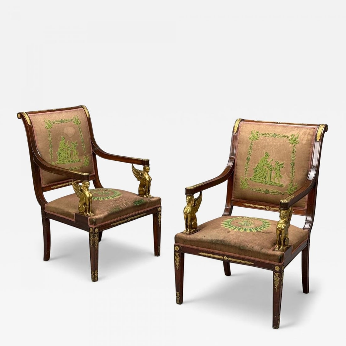 French Empire Revival, Bronze, Mahogany, Tapestry, Armchairs, France, 19th c. (1 of 11)