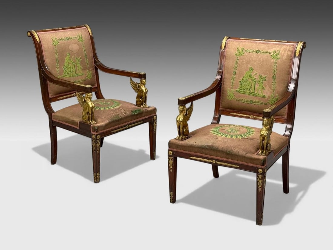 French Empire Revival, Bronze, Mahogany, Tapestry, Armchairs, France, 19th c. - 3