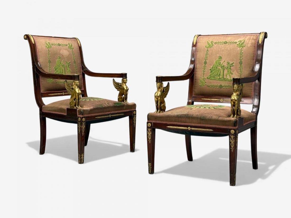 French Empire Revival, Bronze, Mahogany, Tapestry, Armchairs, France, 19th c. - 6