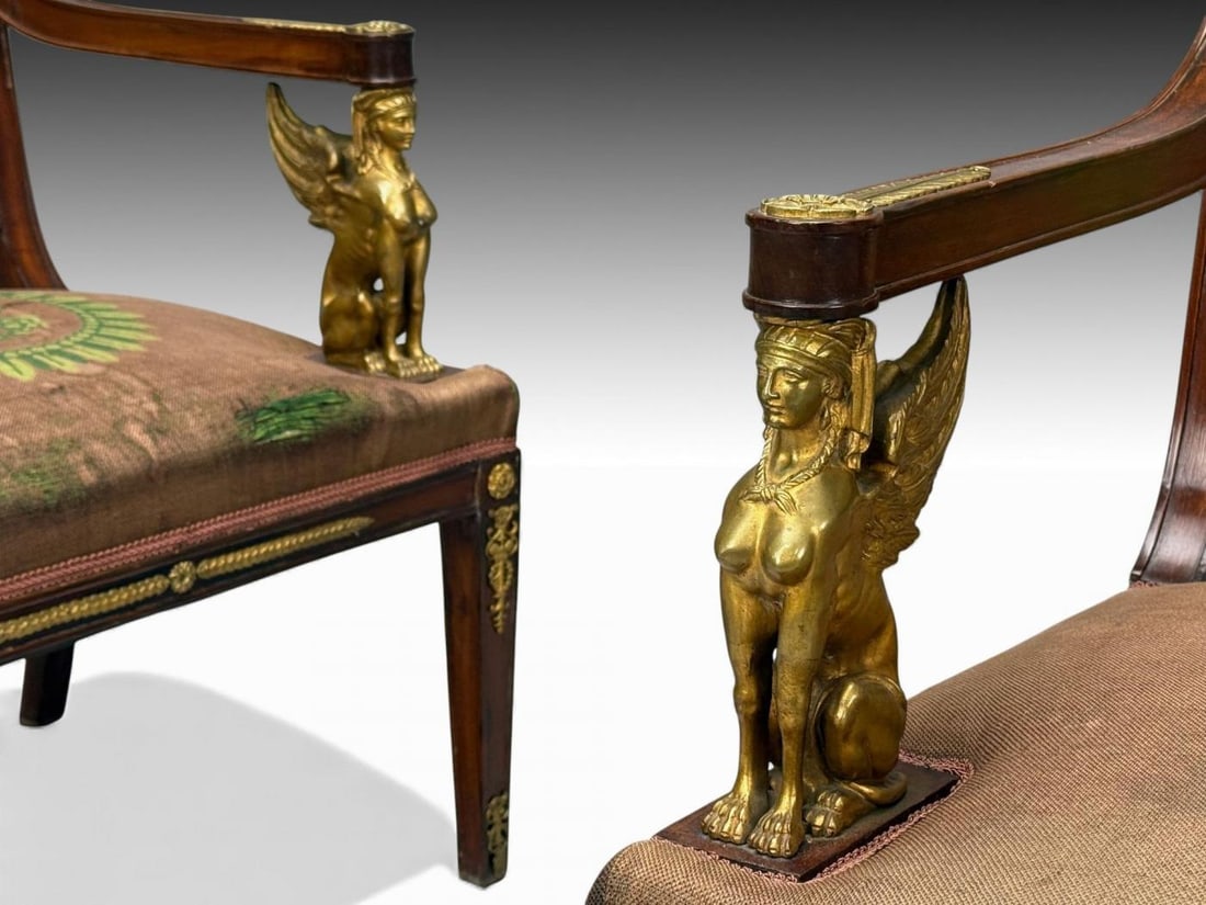 French Empire Revival, Bronze, Mahogany, Tapestry, Armchairs, France, 19th c. - 7