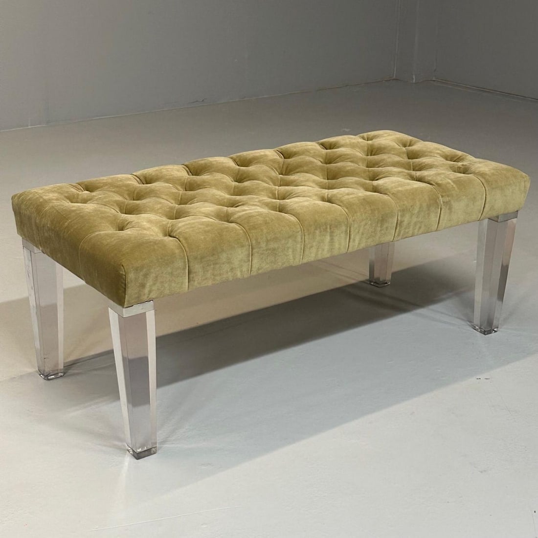 Contemporary, Modern Tufted Window Bench, Chrome, Acrylic, Green Velvet, 2010s - 3