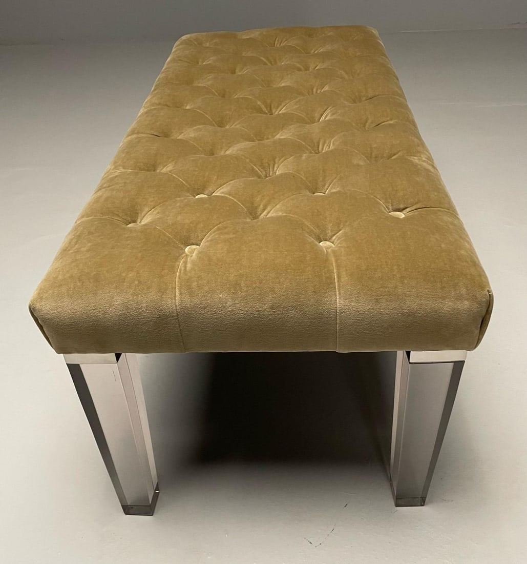 Contemporary, Modern Tufted Window Bench, Chrome, Acrylic, Green Velvet, 2010s - 8