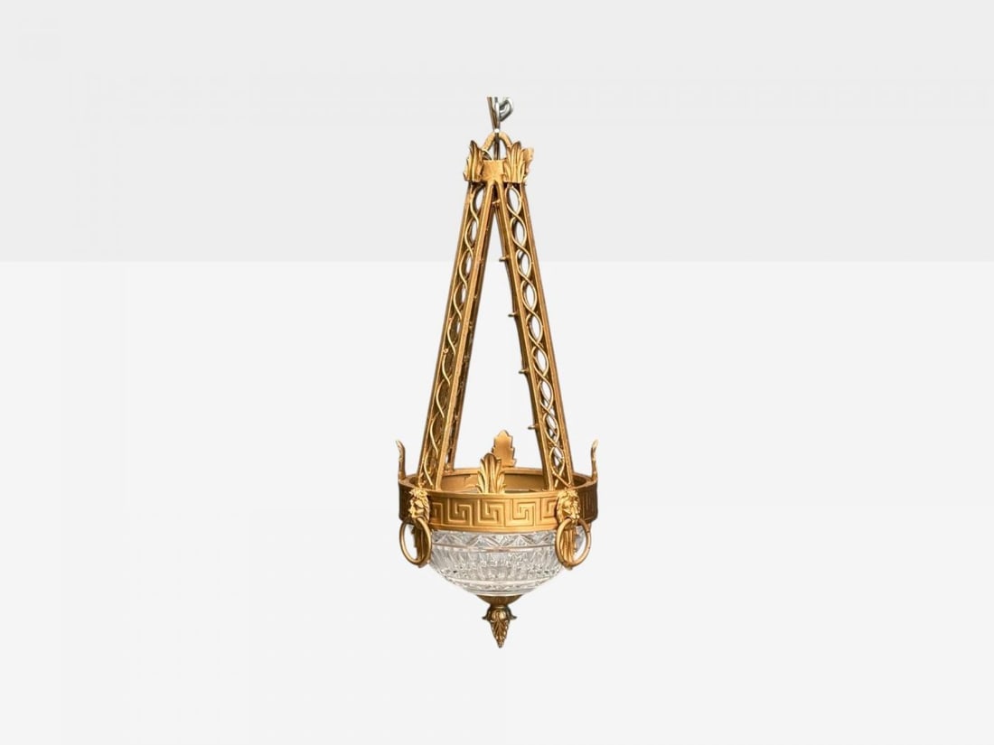 Maitland Smith, Gilt Metal, Glass, Greek Key Motif, Pendant Light, 21st C. - 3