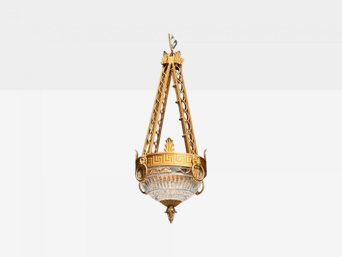 Maitland Smith, Gilt Metal, Glass, Greek Key Motif, Pendant Light, 21st C. - 4