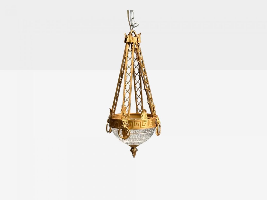 Maitland Smith, Gilt Metal, Glass, Greek Key Motif, Pendant Light, 21st C. - 6