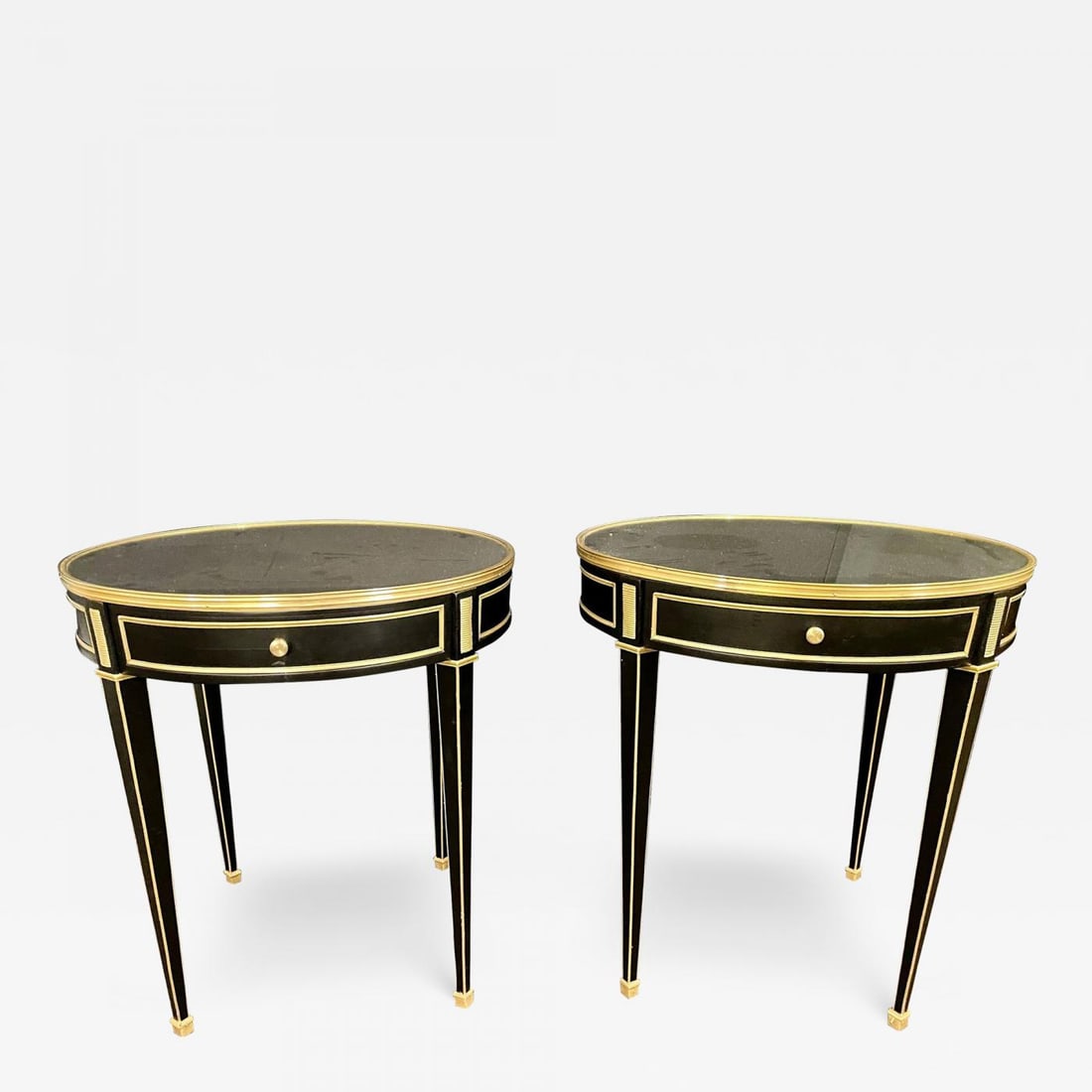 Hollywood Regency Ebony Bouillotte or End Tables, Manner Jansen Mirror Tops Pair (1 of 11)