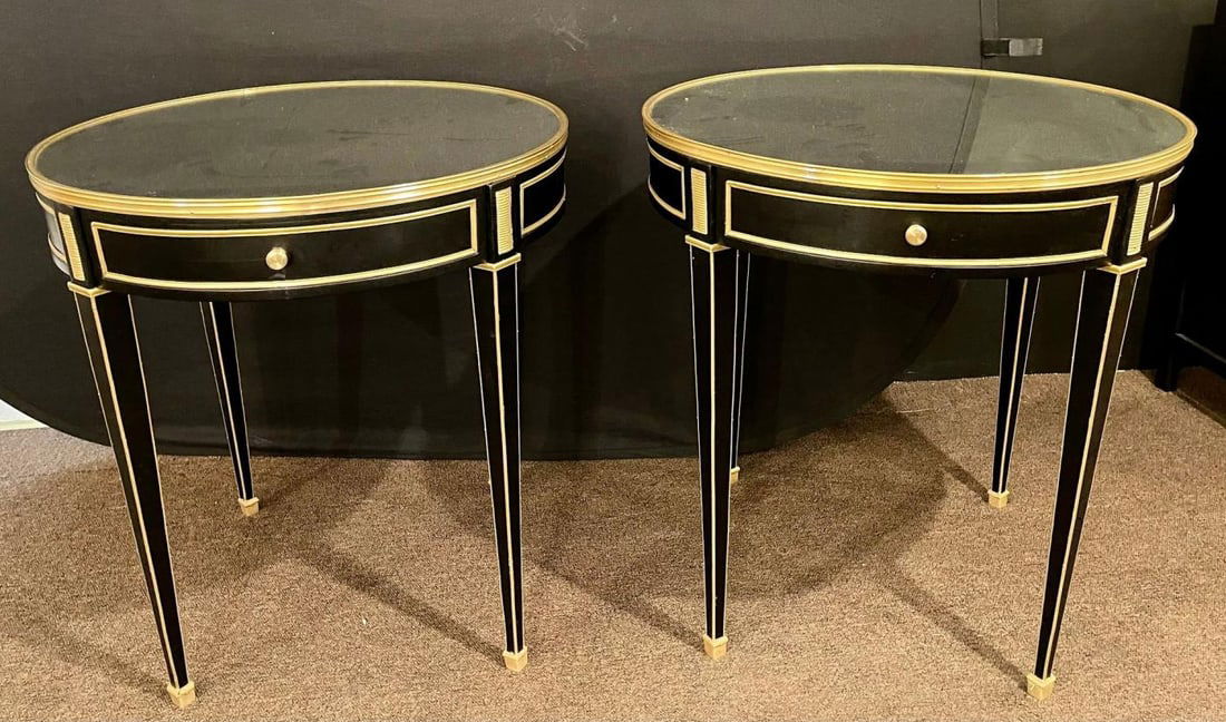 Hollywood Regency Ebony Bouillotte or End Tables, Manner Jansen Mirror Tops Pair - 3
