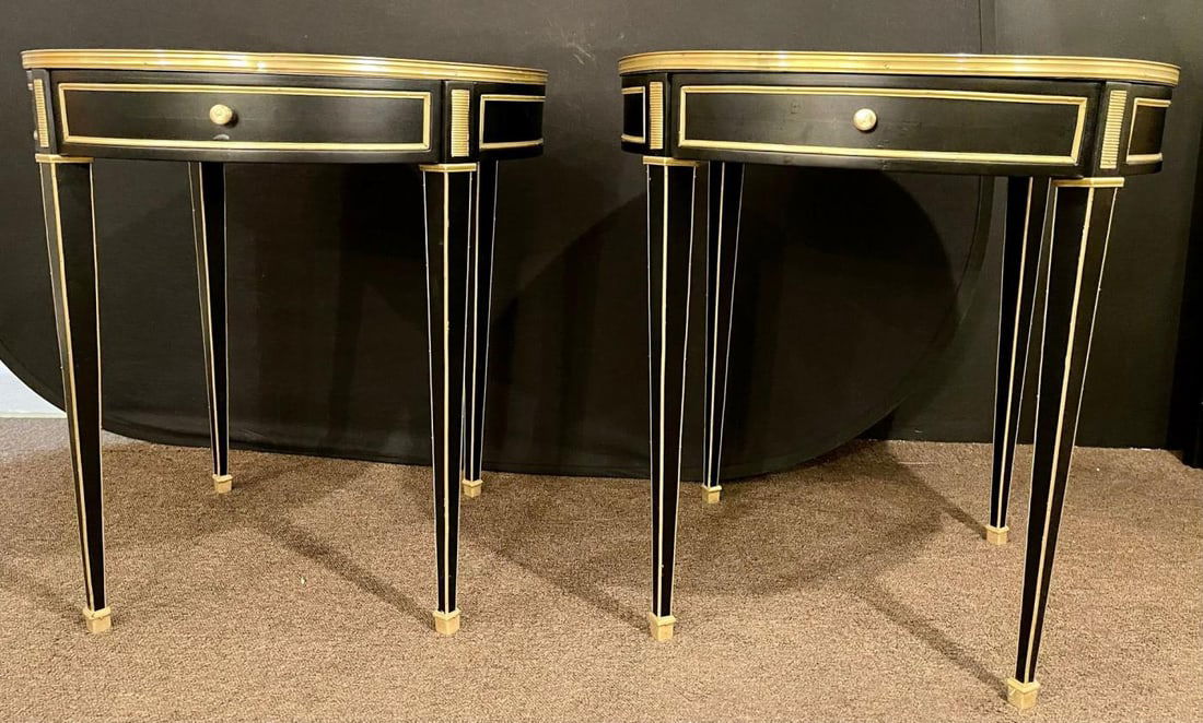Hollywood Regency Ebony Bouillotte or End Tables, Manner Jansen Mirror Tops Pair - 5