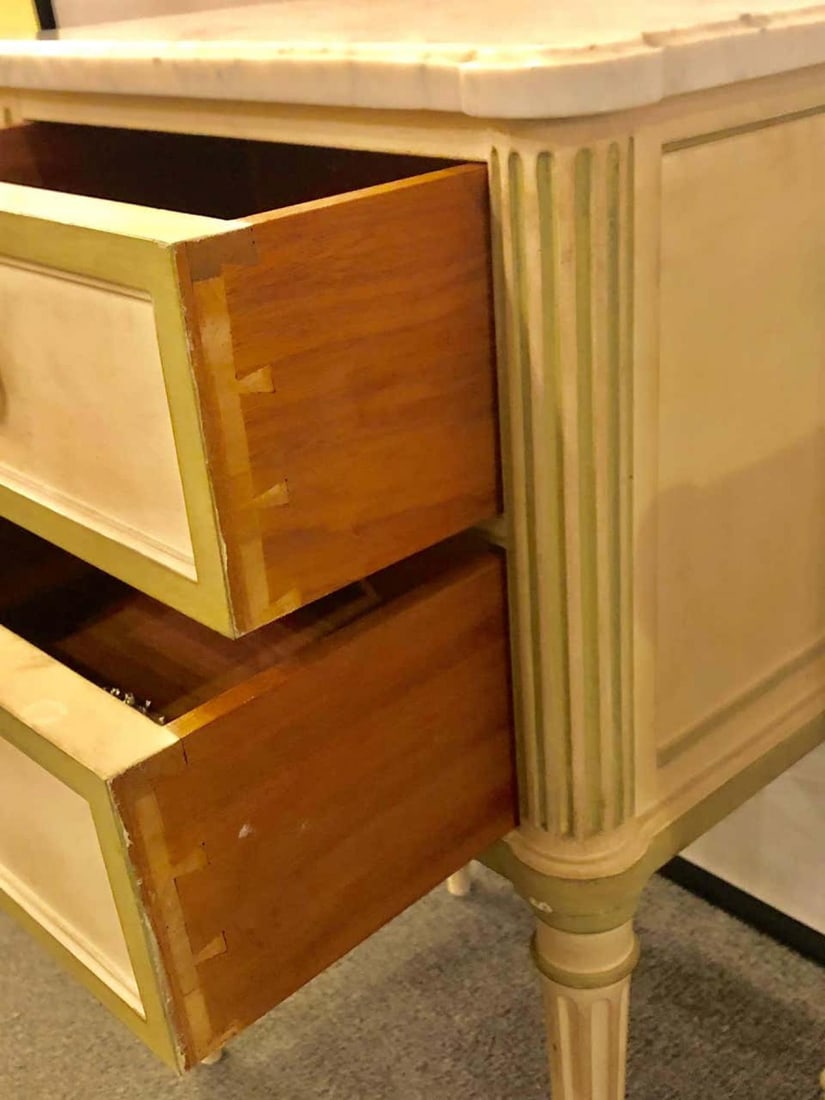 Pair of Louis XVI Style Paint Decorated Marble Top End Tables or Nightstands - 9