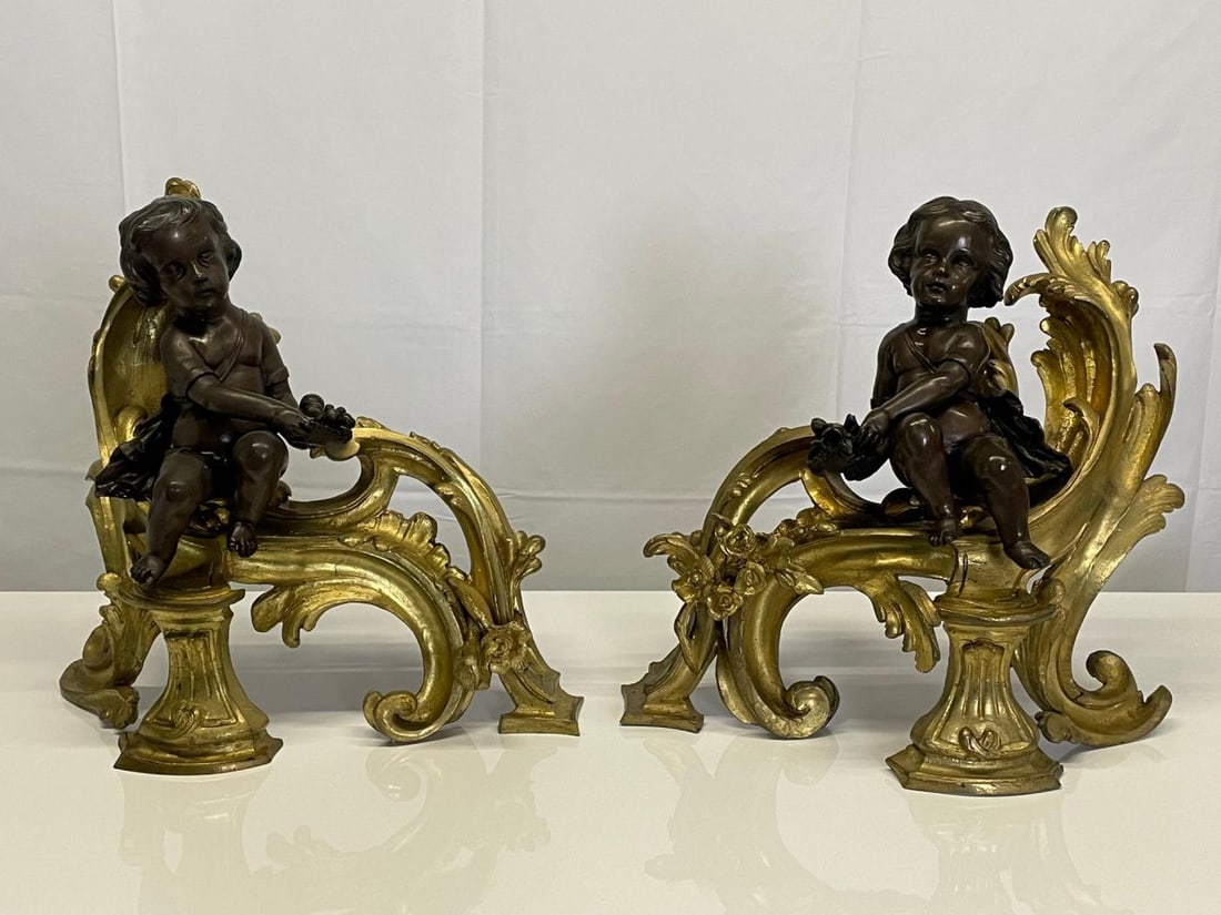 Pair Patinated Gilt Bronze Cherub Fireplace Andirons, Chenets Antique Louis XV - 3