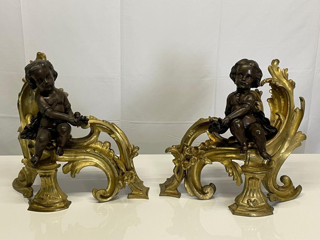 Pair Patinated Gilt Bronze Cherub Fireplace Andirons, Chenets Antique Louis XV - 4