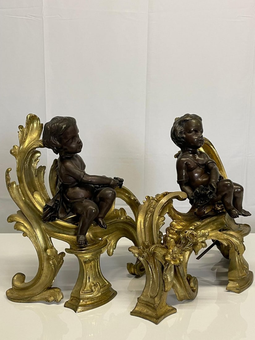 Pair Patinated Gilt Bronze Cherub Fireplace Andirons, Chenets Antique Louis XV - 6