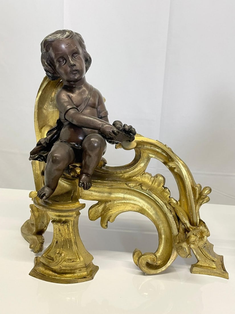 Pair Patinated Gilt Bronze Cherub Fireplace Andirons, Chenets Antique Louis XV - 7