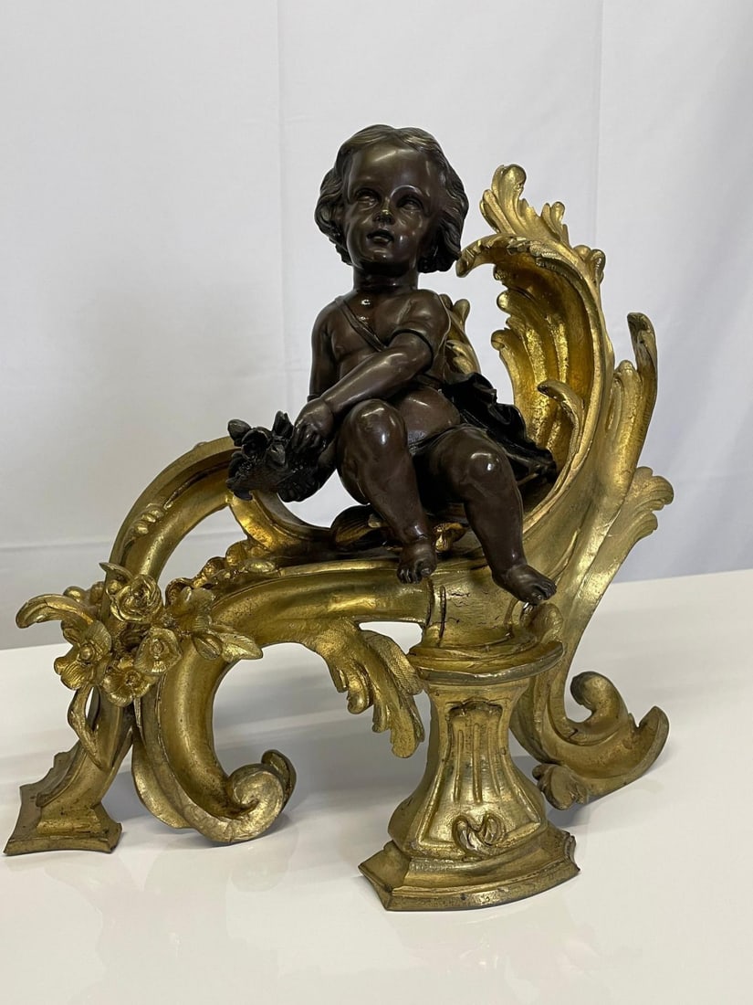 Pair Patinated Gilt Bronze Cherub Fireplace Andirons, Chenets Antique Louis XV - 8
