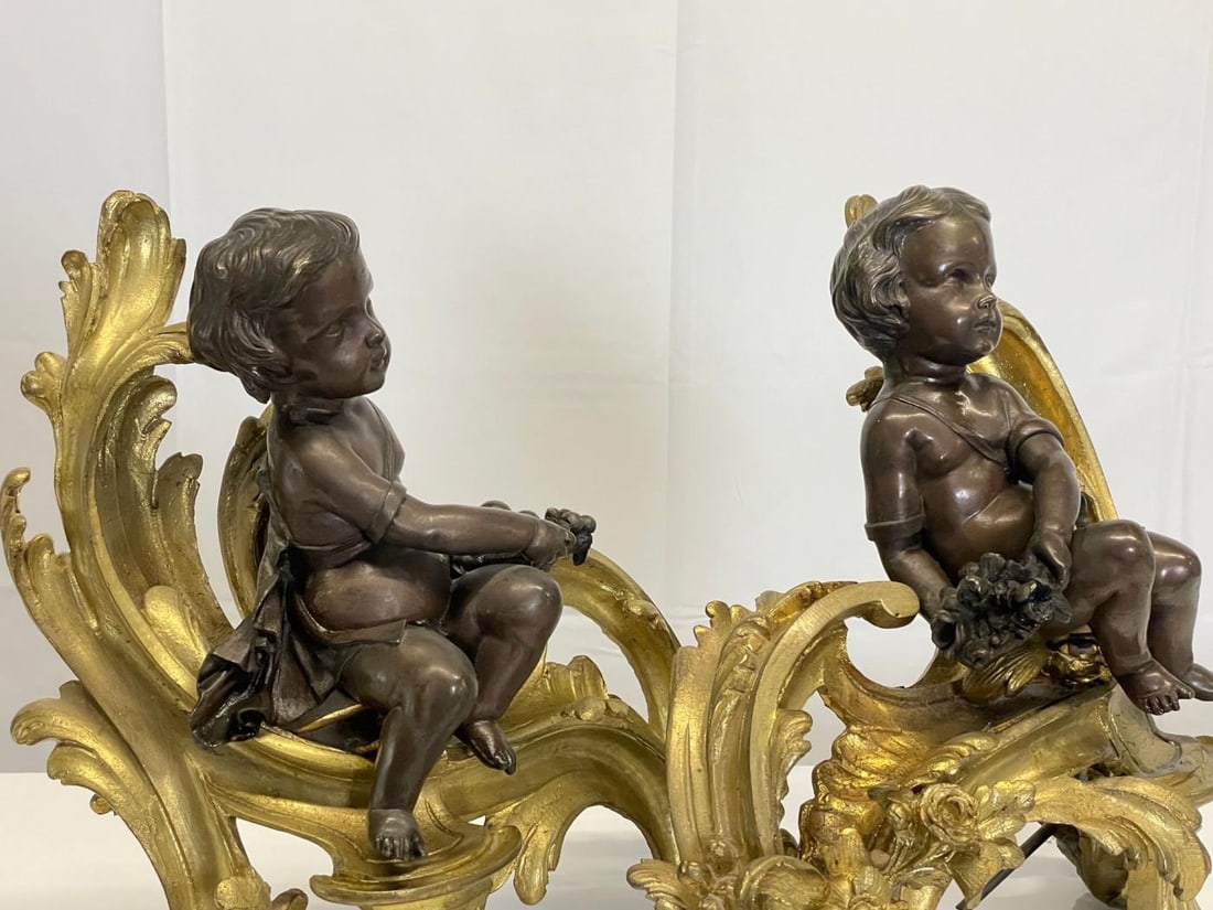 Pair Patinated Gilt Bronze Cherub Fireplace Andirons, Chenets Antique Louis XV - 9